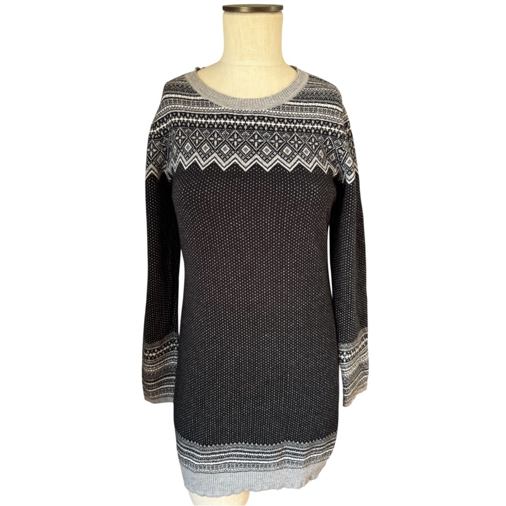 Between Me & You Anthropologie Fair Isle Wool Blend Black Sweater Dress Sz M